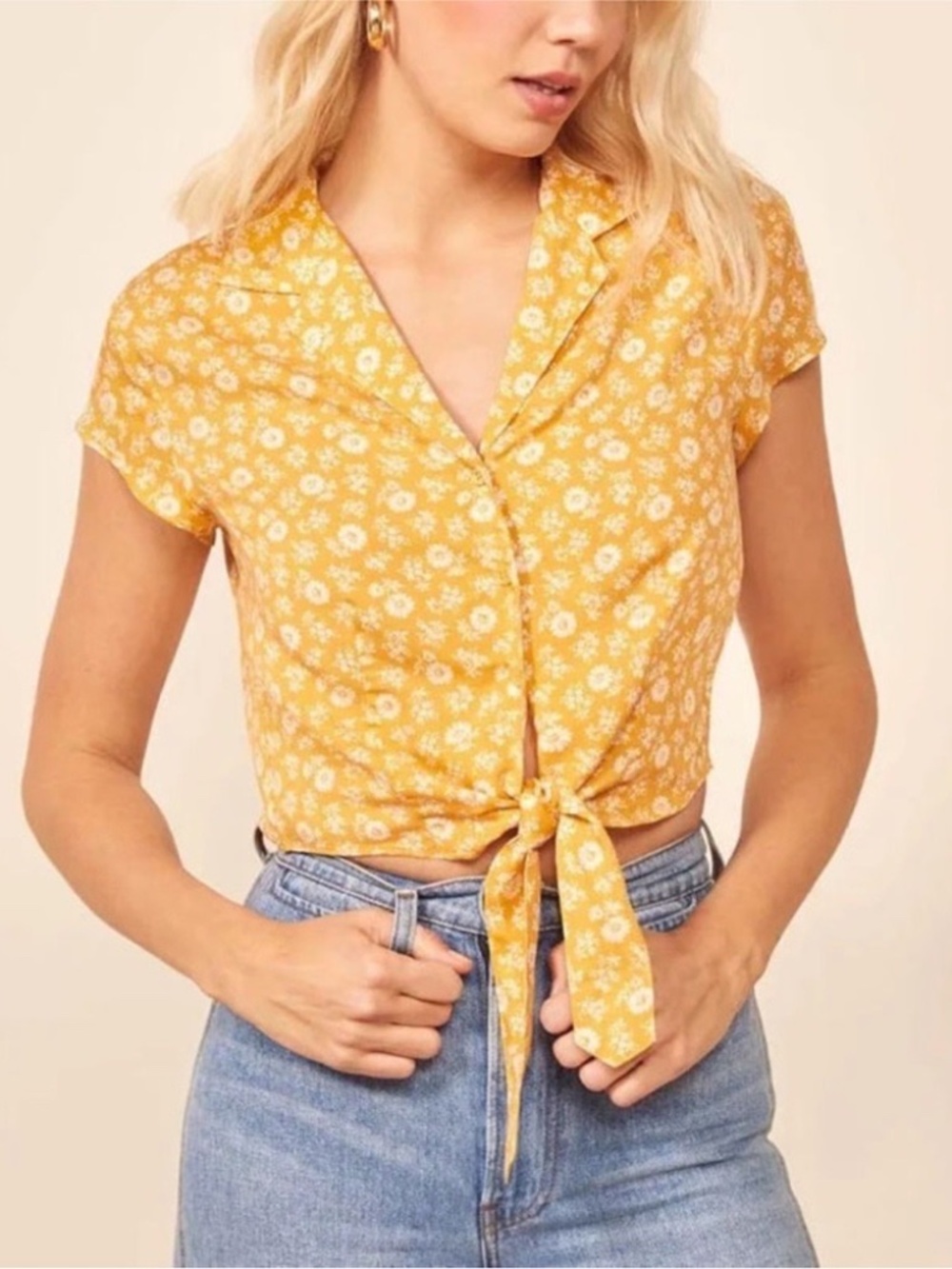 Reformation Maholo Tie Front Top S Yellow Floral Crop Blouse NWT
